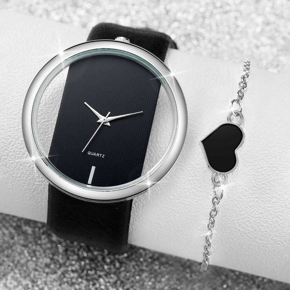 2PCS/Set Women's Hollow Out Fashion Quartz Analog PU Leather Wrist Watch with Heart Bracelet XJ260303
