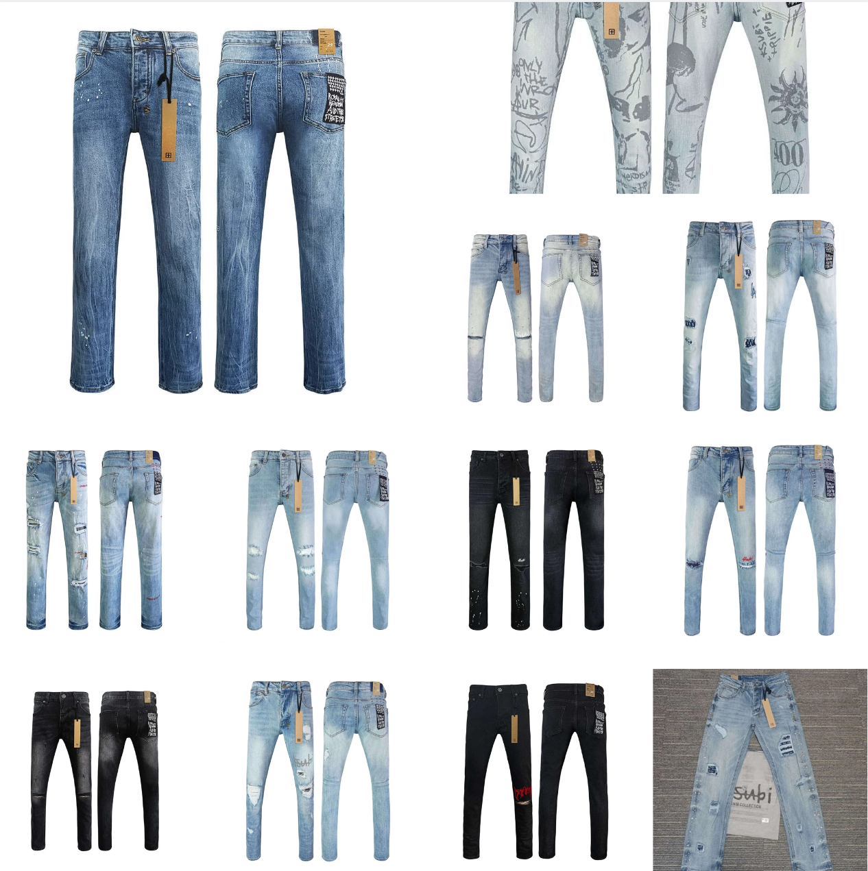 Ksubi Mens Jeans - Straight Leg Elastic Stretch Denim - Perforated Design - American High Street Casual Style For Men Punk Vintage Embroidered Black Denim Pants