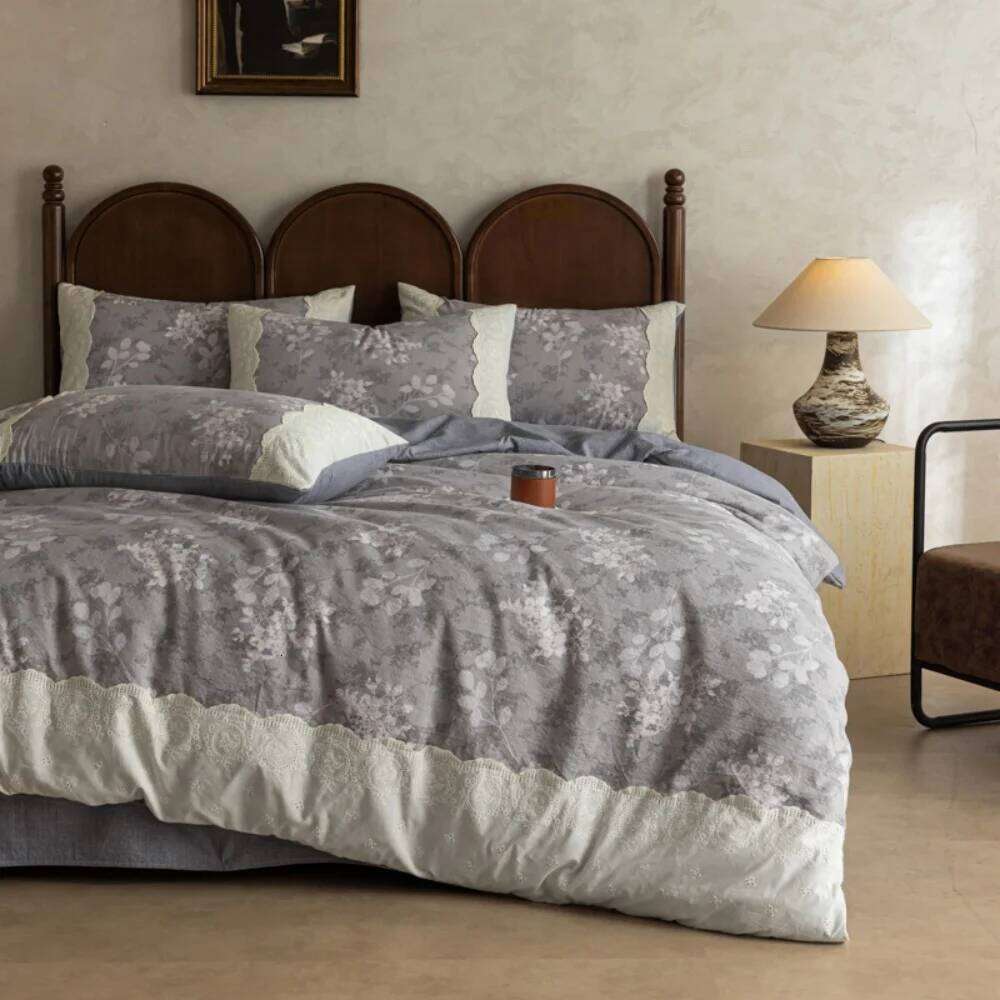 Skin Friendly A Class Cotton Linen Four-Piece Retro Floral Printed Quilt Cover With Lace Pillowcase Bed Sheet Bedding Set W260302