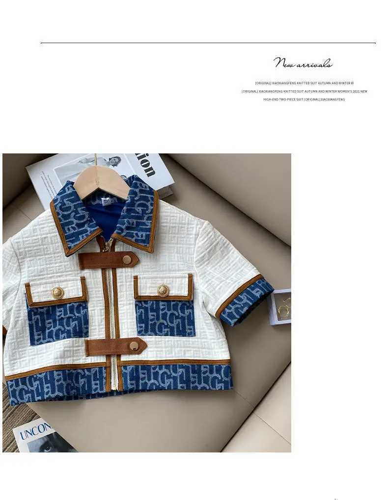 Blue Jacquard 2-Piece Set for Women Retro Monogram Jacket & Shorts with Brown TrimT260303 - view 7