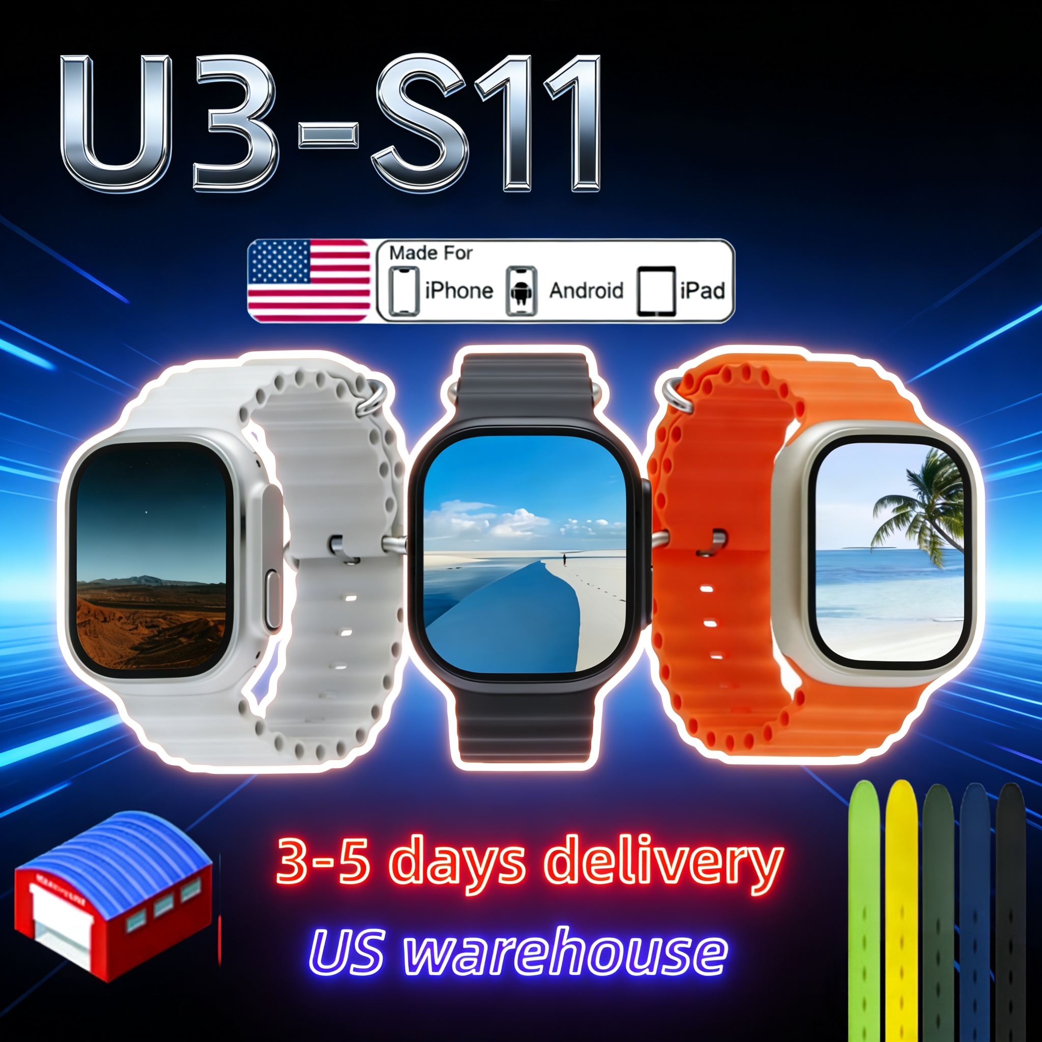 US stock: Compatible with Apple Watch U3 and S11 series, 46mm and 49mm straps. Features Dynamic Island functionality, Bluetooth calling, and fitness tracking.
