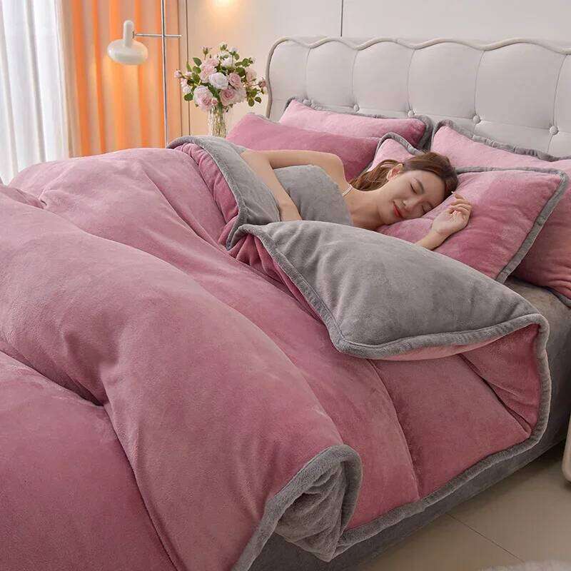 Simple wind milk one-piece set thickened coral solid color bed sheet quilt cover single piece fleece winter W260302
