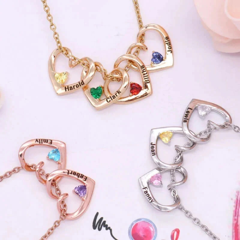 Custom Names Heart Pendant Necklace with Birth Stone Birth Stone Necklace Personalized Jewellry Gift Mothers Day Gift 260228