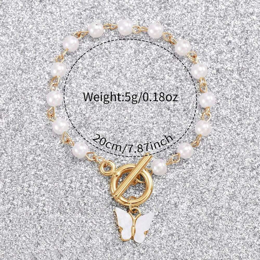 2PCS/Set Women's Fashion Plastic Band Analog Quartz Watch Pearls Butterfly Bracelet Set XJ260303