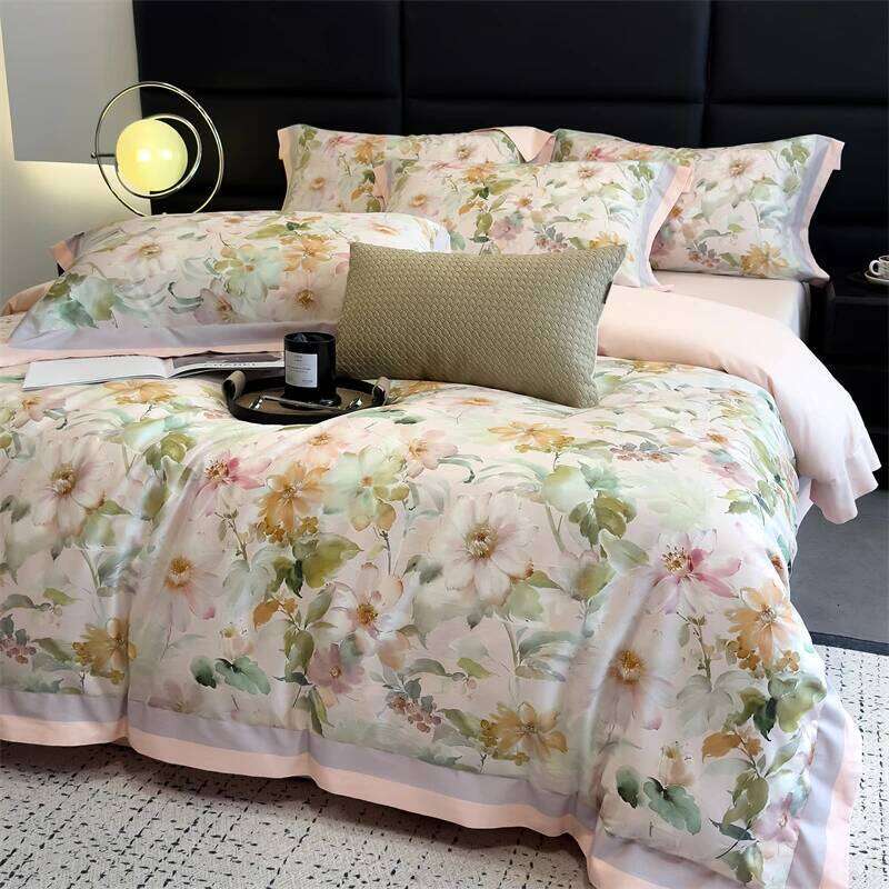 600TC Cotton Floral Leaves printed Luxury Bedding Set Duvet Cover Flat/Fitted Bed Sheet Pillowcases Double Queen King 4Pcs W260302