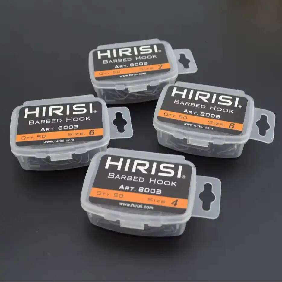Hirisi 50pcs Coating High Carbon Stainless Steel Barbed Carp Fishing Hooks Pack with Retail Original Box 8003 Z260228