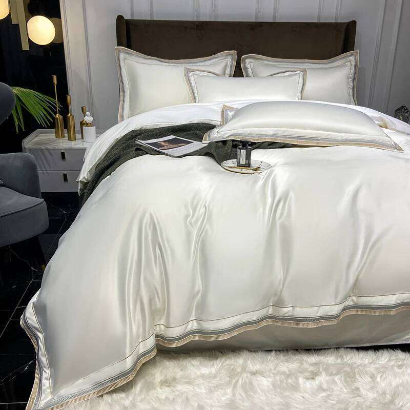 Simple Solid Color Silk Sheets Luxury Bedding Set Twin Full Queen Size Soft Bed Linen Duvet Cover Bedclothes Kit W260302