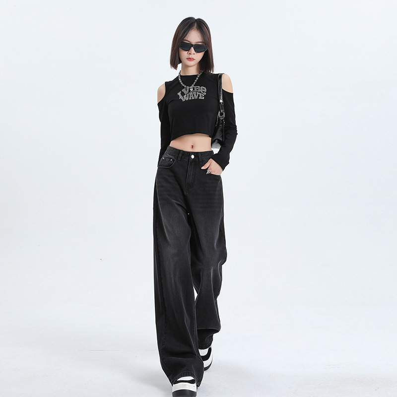 Blck Nd Gry High-wisted Wide-leg Jens For Women 2026 Spring-summer New Style Verstile Loose Drpey Stright-leg Pnts Designer Pnts Americn Retro Style