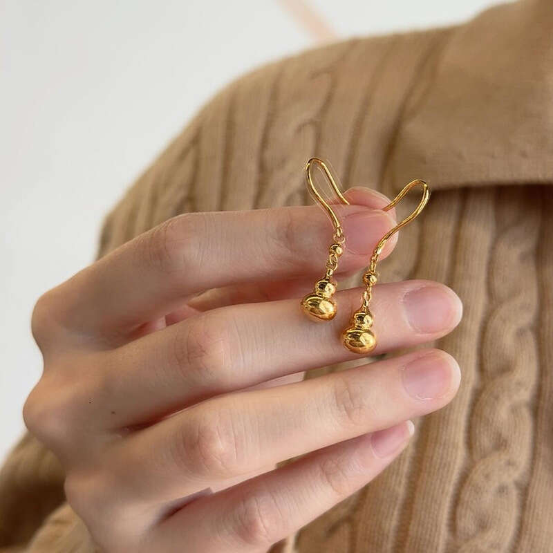 Gourd Earrings With Nano Vacuum Plating Tassel Stud For Women New Chinese Style Light Luxury Earrings