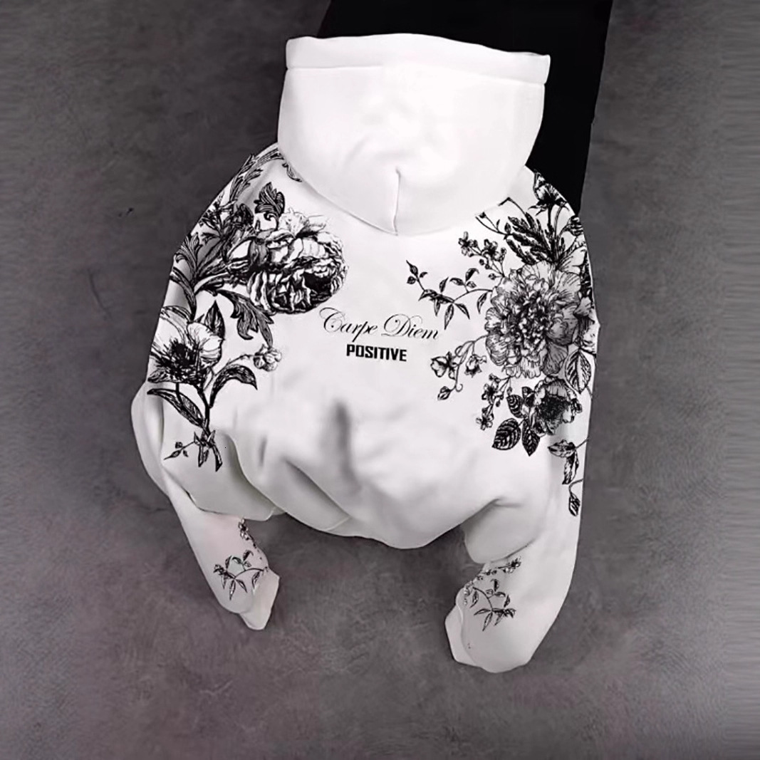 2026 Luxury Brand Designer Clothing Men's Street Floral Hooded Sweatshirt White "Positive" Artistic Top