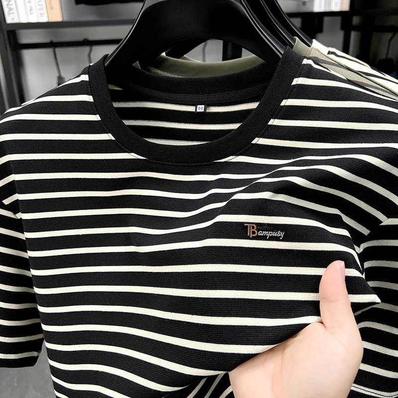 Luxury Brand Designer Clothes Striped Short-Sleeve T-Shirt For Men, 2025 Summer New Trendy Casual Versatile Tee Shirt, Round Neck Loose Half-Sleeve To