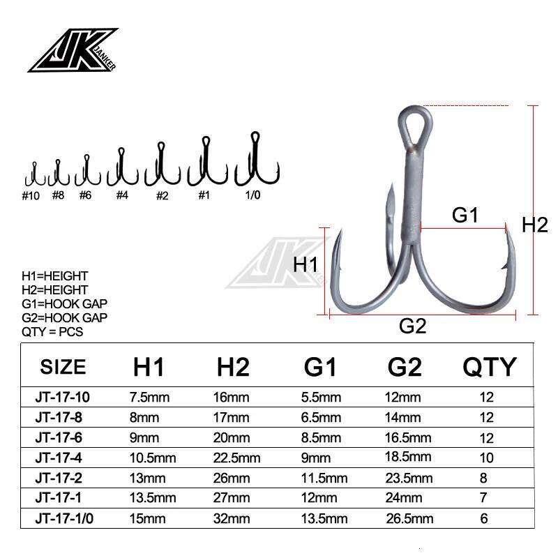 JK JT-17 Gray Color Treble T-Groove 1X Jig Triple Fishing Hook Super Antirust Tee Hooks For Light Spoon Z260228