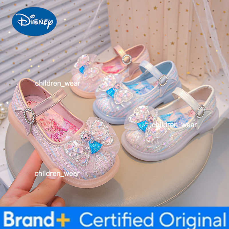 Disney 2025 Cartoon Elsa Soft Bottom Shoes Girl Princess Shoes Frozen Crystal Sandals Children Flat Flower Girl Leather Shoes H260303