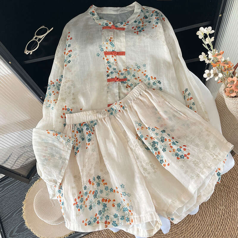 New 2026 Spring Summer Women's Chinese Sle Open Cardigan Coat Set Sun Protection Long Sve Loose Fit Printed Cotton Linen Summer shorts loose suit