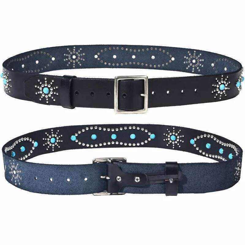 4.5cm Wide Hiphop Style Men's Cowhide Belts,Neutral Genuine Leather imitation Green Pine Inlaid Cool Personality Punk Rivet Belt S260228