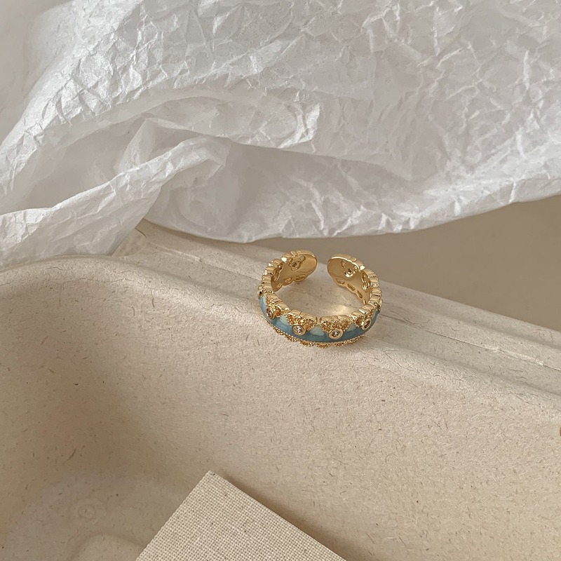 New Chinese Style Enamel Pattern Ring Vintage Traditional Floral Design Gold Plated Open Adjustable Ring Elegant Ethnic Style Jewelry Gift for Women