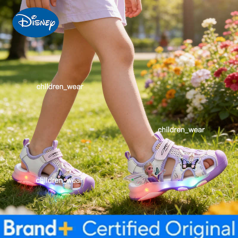 Disney Frozen Elsa Princess Girls LED Sandals Summer Childrens Sports Beach Pink Purple Girls Soft Shining Shoes Size 25-30 H260303