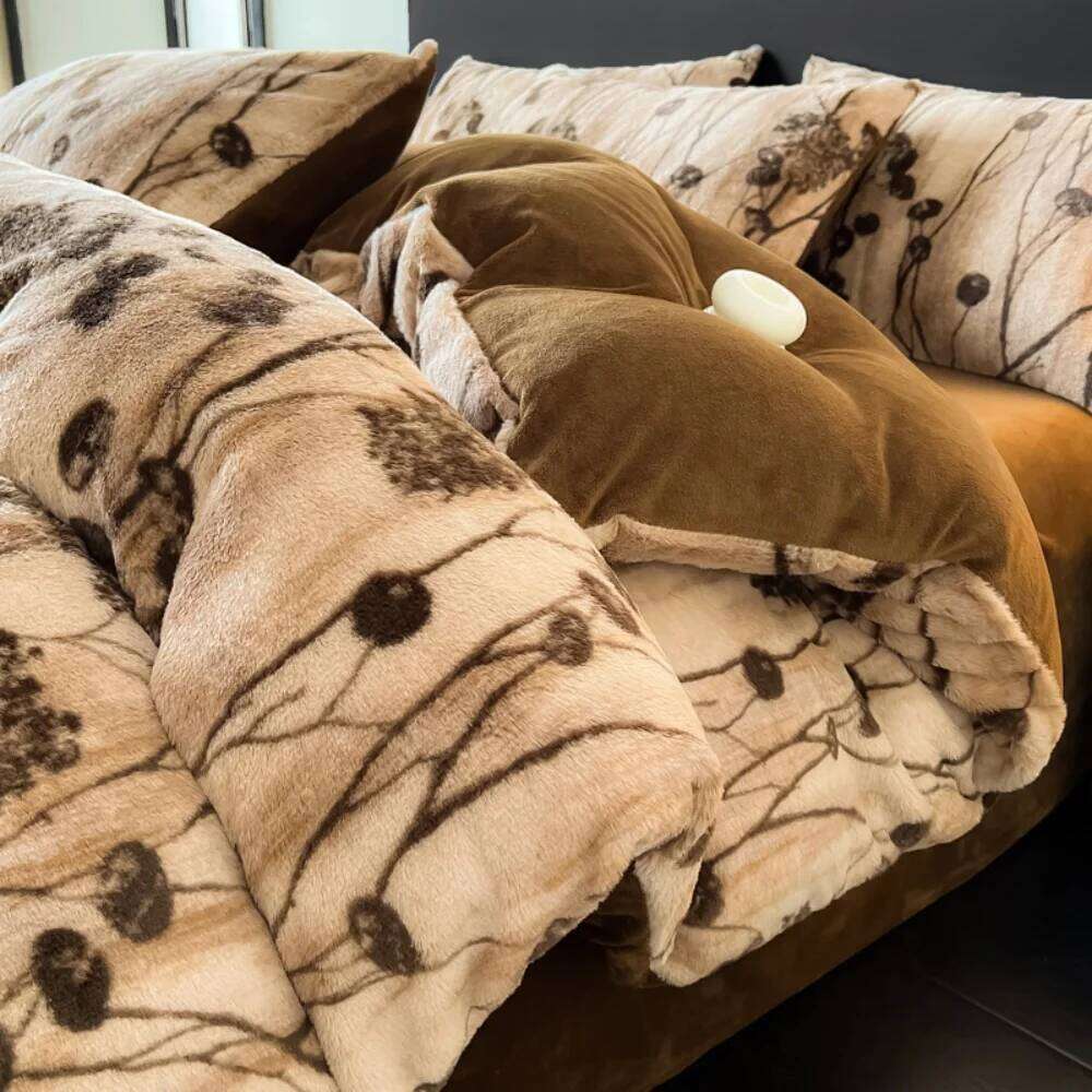 Leopard Print Rabbit Plush Quilt Cover Pillowcase Bed Sheet Class A Four-Piece Thicken Winter Warm Coral Fleece Bedding Set W260302