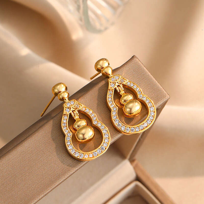 Chinese-style Hollow Gourd Pendant For Women Icro-inlaid Studs Fashionable Earrings