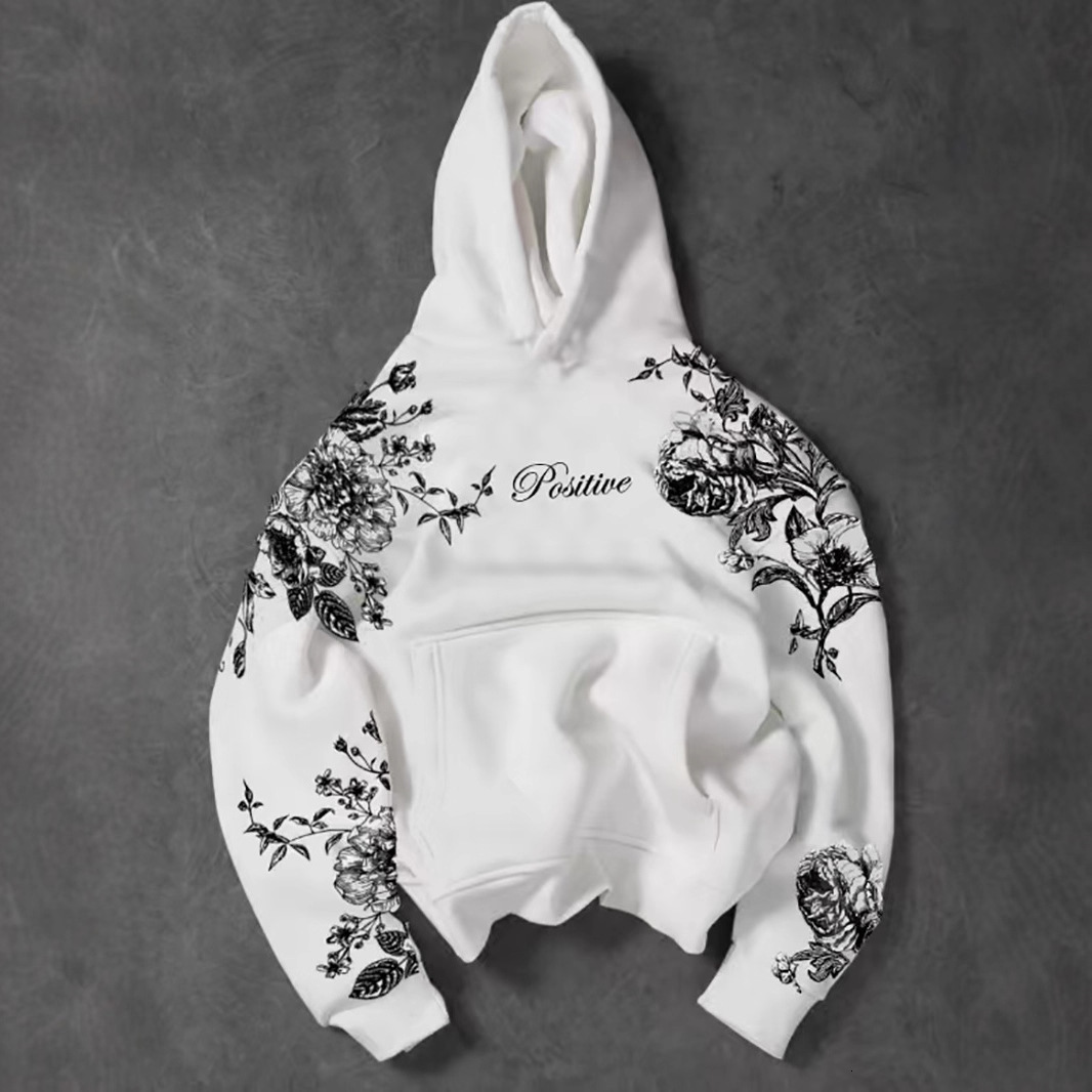 2026 Luxury Brand Designer Clothing Men's Street Floral Hooded Sweatshirt White "Positive" Artistic Top