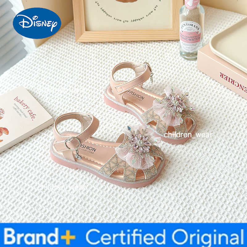 Disney Childrens Sandals Summer Girls Princess Toe Wrapped Flat Shoes Fashion Rhinestone Glitter Kids Causal Cut-outs Non-slip Sandals H260303