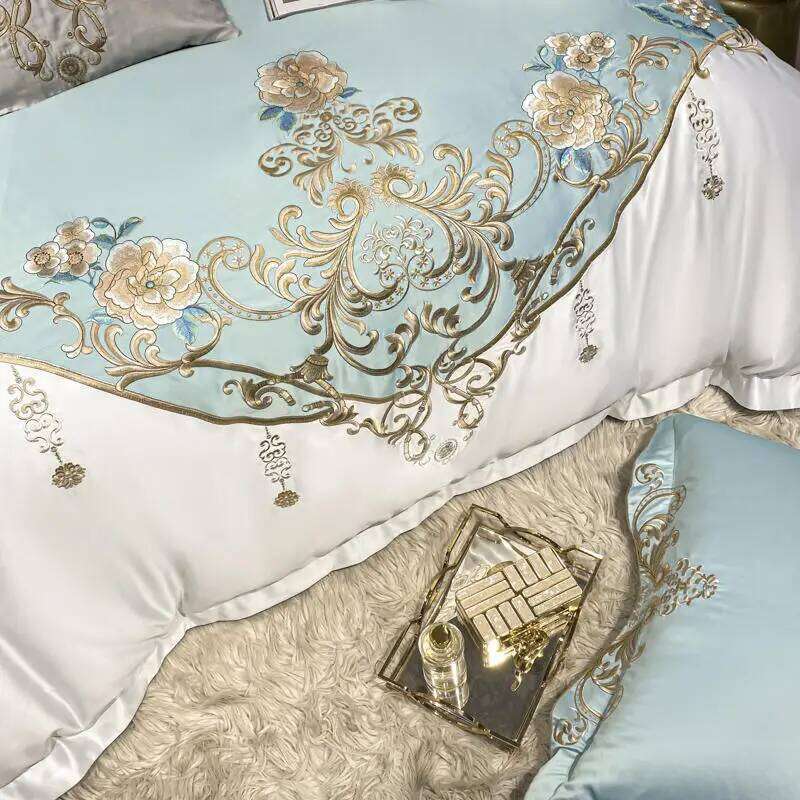 Green Satin Cotton Bedding Set Luxury Golden Embroidered Duvet Cover Flat/Fitted Bed Sheet Pillowcases Home Textile W260302