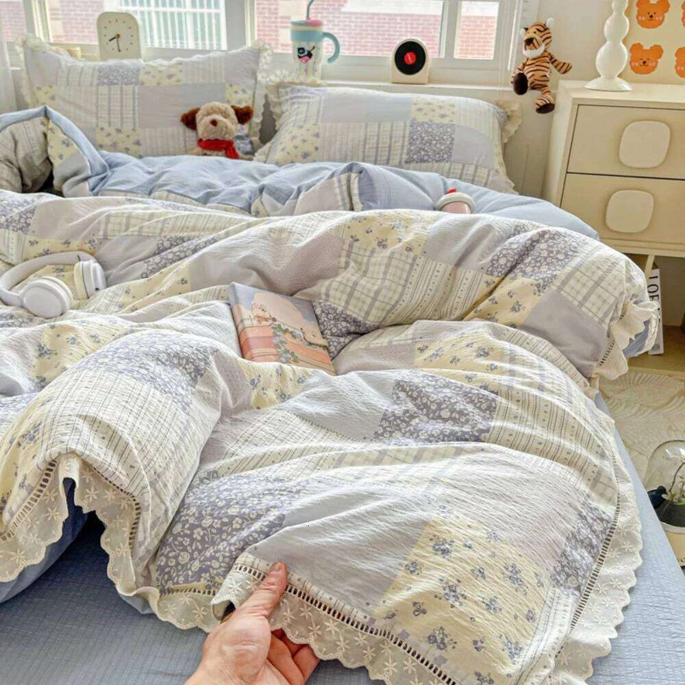 Double Layer Yarn Bedding Print Floral Four Pieces Set Soft Comfortable Duvet Cover Bed Sheet With Pillowcases Home Textiles W260302
