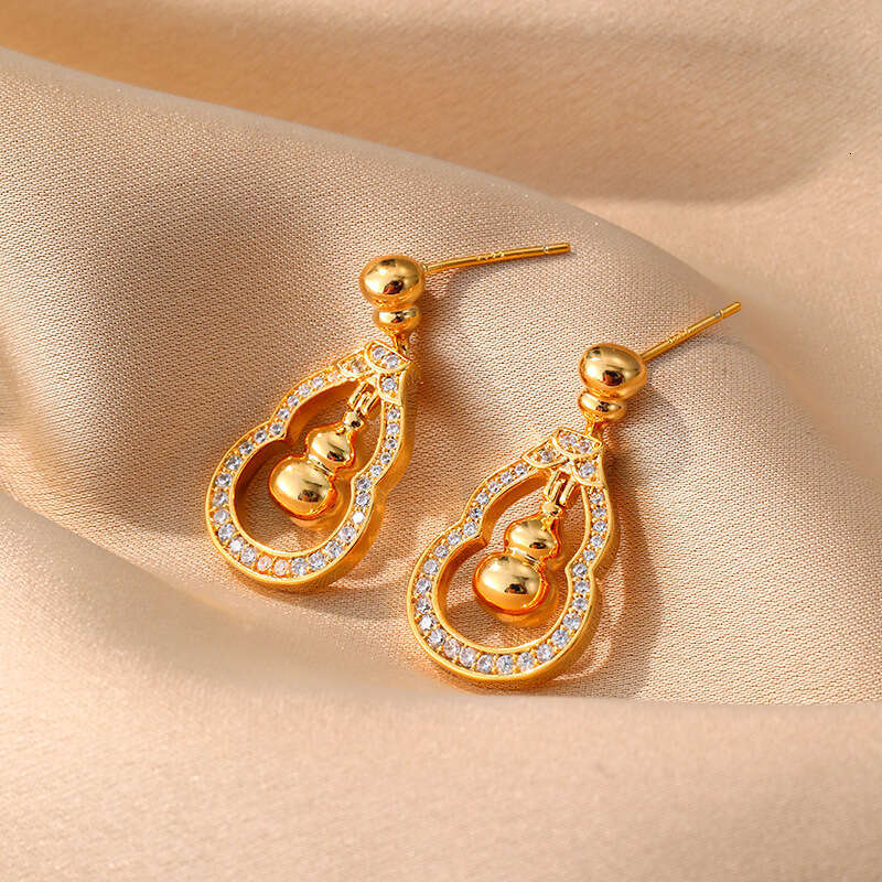 Chinese-style Hollow Gourd Pendant For Women Icro-inlaid Studs Fashionable Earrings