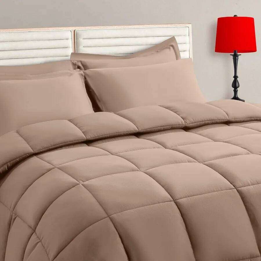 Beige Full Size Comforter Set - 7 Pieces Bed in a Bag Bedding Sets with All Season Soft Quilted Warm Fluffy Reversible Comforte W260302