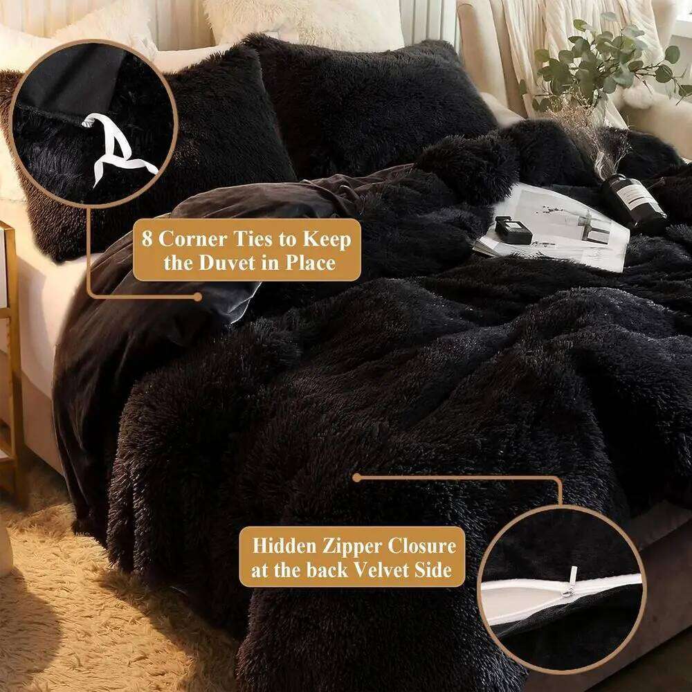 Luxury Soft Crystal Velvet Duvet Cover - Plush Faux Fur Comforter King, Black W260302