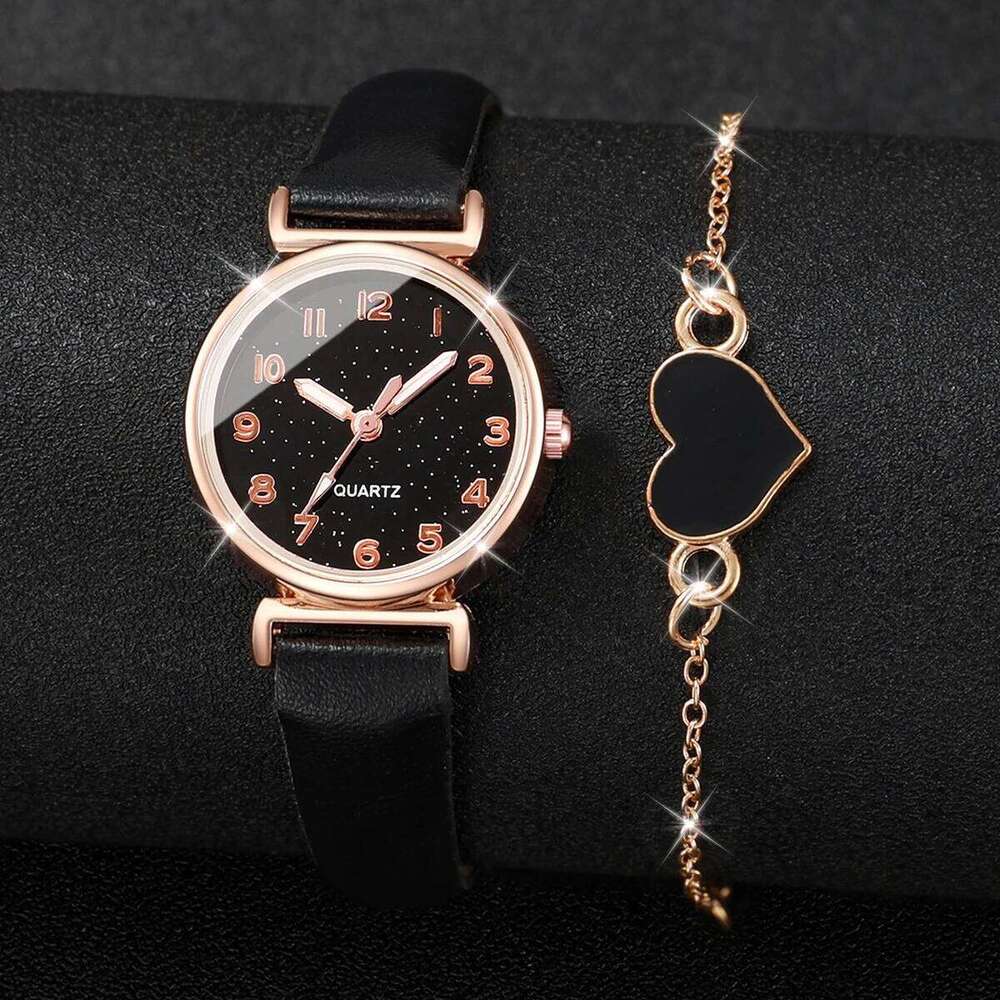 2PC Women's Fashion Starry Sky Small Dial Leather Band Analog Quartz Watch Heart Bracelet SetWithout Box XJ260303