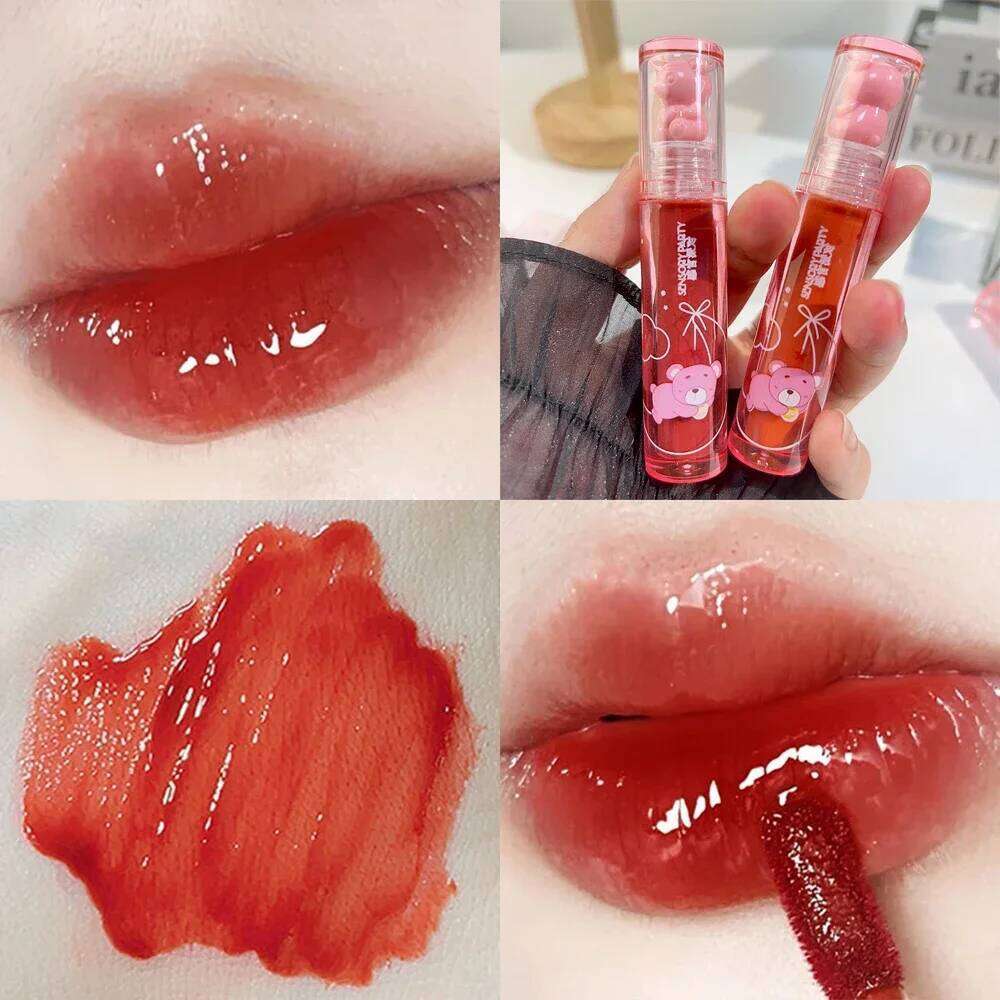 Crystal-frozen Lip Glaze Cute Bear Pink Jelly Lipgloss Glossy Mirror White Nude Liquid Lipstick Lips Korean Makeup H260302