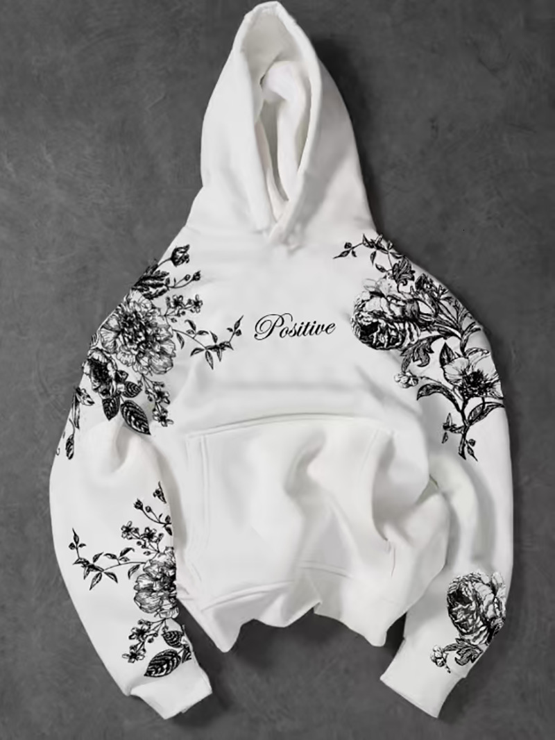 2026 Luxury Brand Designer Clothing Men's Street Floral Hooded Sweatshirt White "Positive" Artistic Top