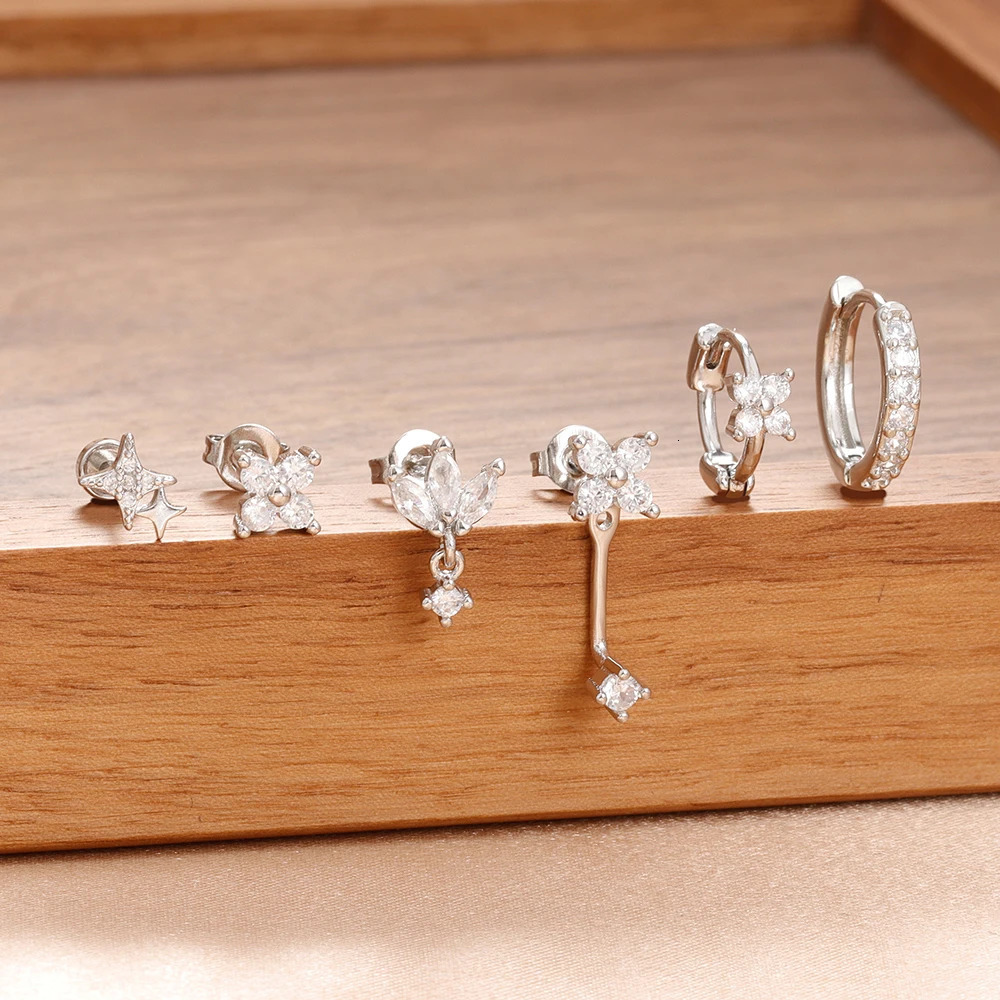 6PCS Fashion Cute Zircon Flower Ear Stud For Women Fashion 18K Gold Plated Star Ear Stud Earring Piercing Girl Set Jewelry Gift 260302