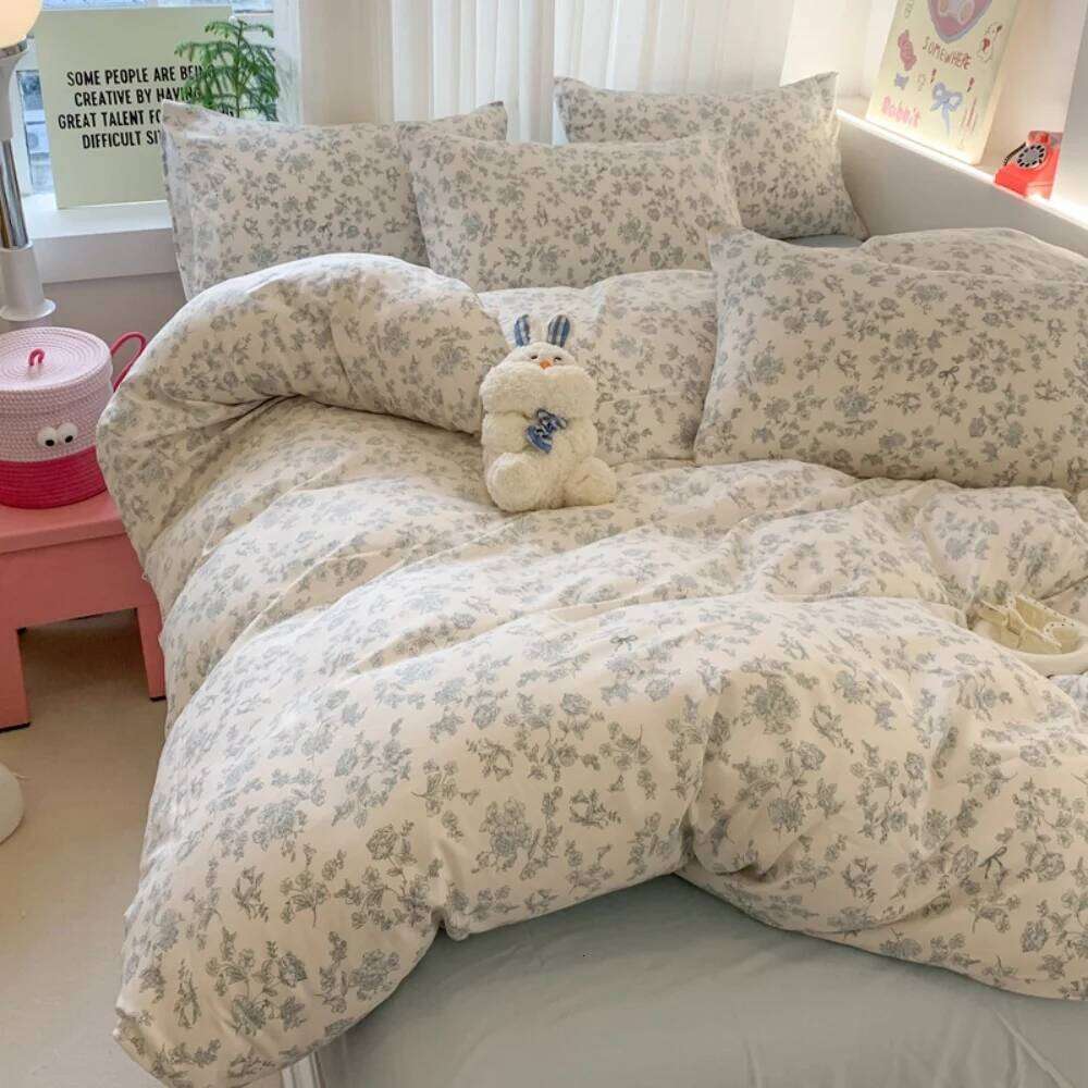 Class A Knitted Bedding Floral Style Linen Soft Double Yarn Four-Piece Quilt Cover Set Bed Sheets Gift for Home W260302 W260302