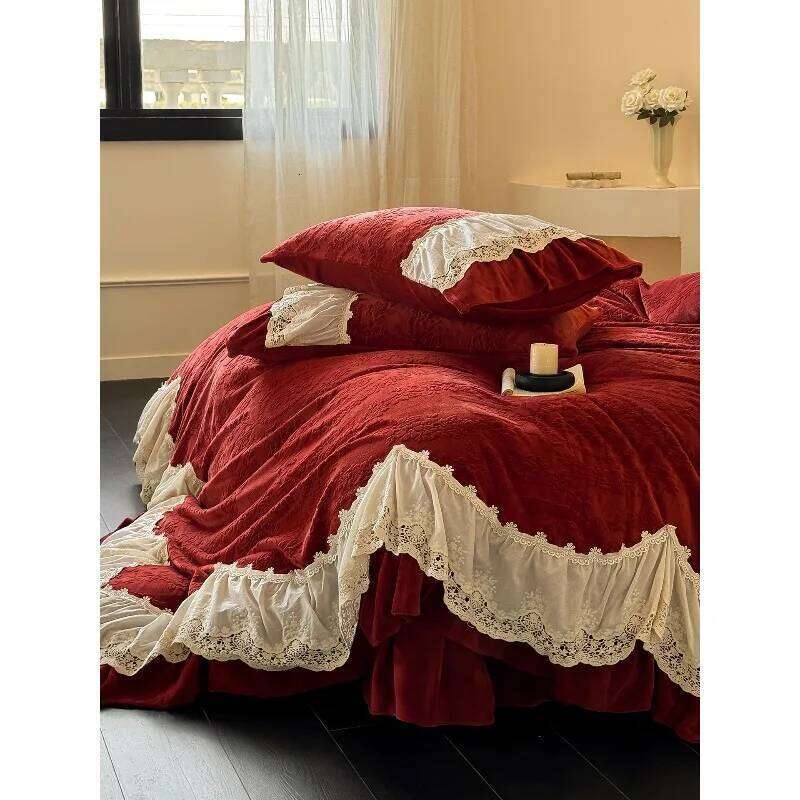 French lace edge winter bed sheet four-piece set milk fleece festive positive red engraving craft quilt cover bedding W260302