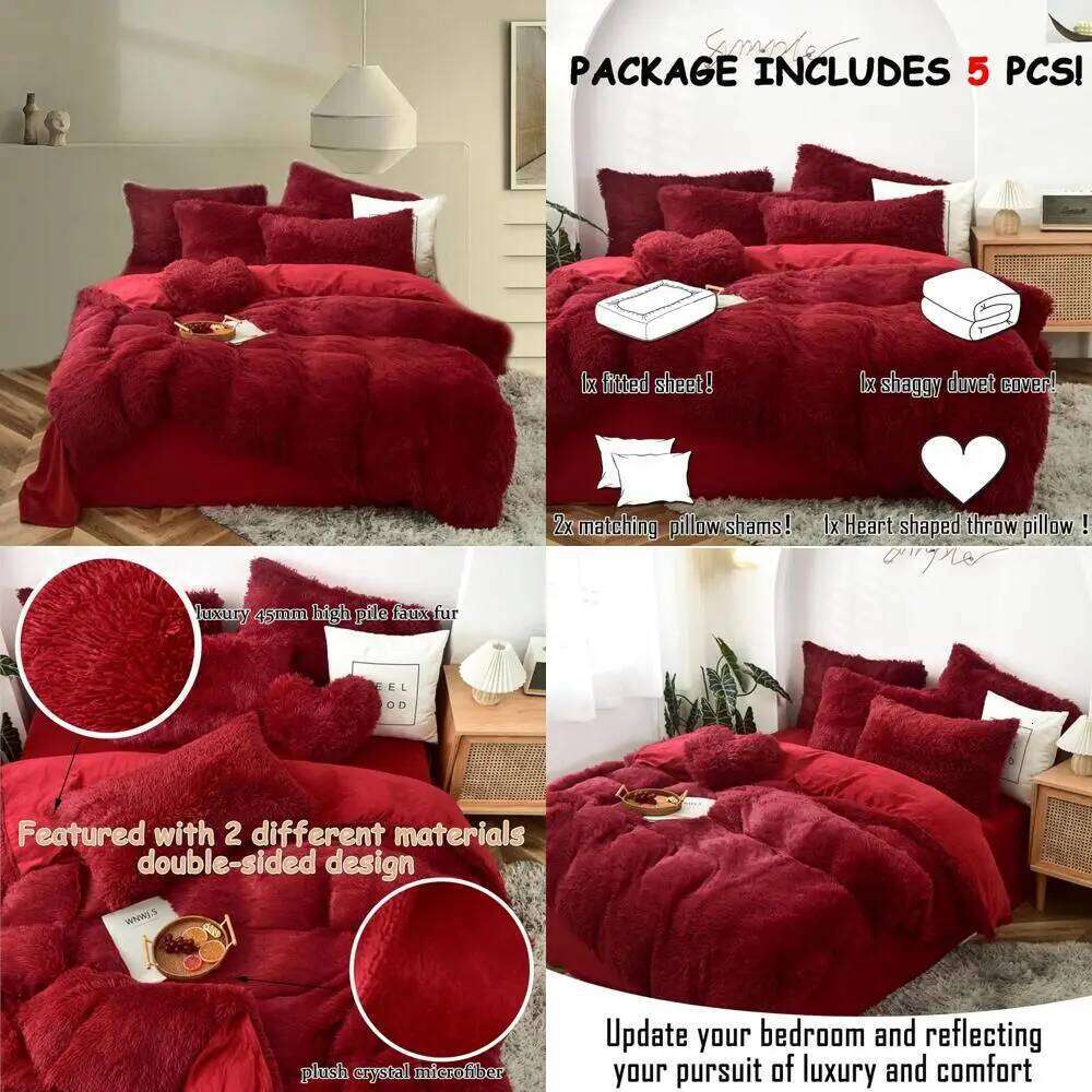 King Size Red Fluffy Faux Fur Duvet Set - 5-Piece Velvet Quilt Cover with Pillowcases W260302