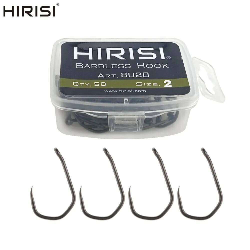 Hirisi 50pcs PTFE Coated High Carbon Stainless Steel Barbless Fish Hook With Eye 8020 Fishing Accessories Z260228