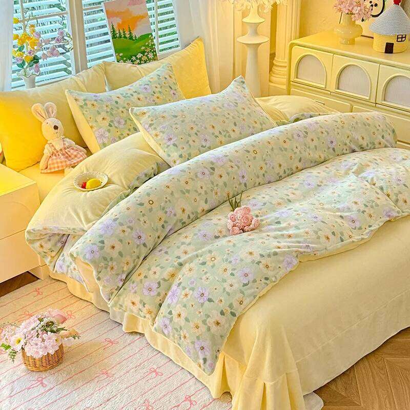 2025 Fall/Winter New Printed Small Fresh Style Milk Fleece Bed Sheet Four-Piece Student Dormitory Three-Piece Set W260302