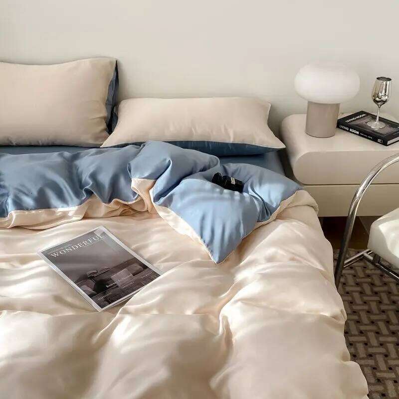 Bedding Luxury Ice Four Piece Set, Washed Silk Bed Sheet and Quilt Cover Set Summer Cool Feeling Soft Smooth W260302