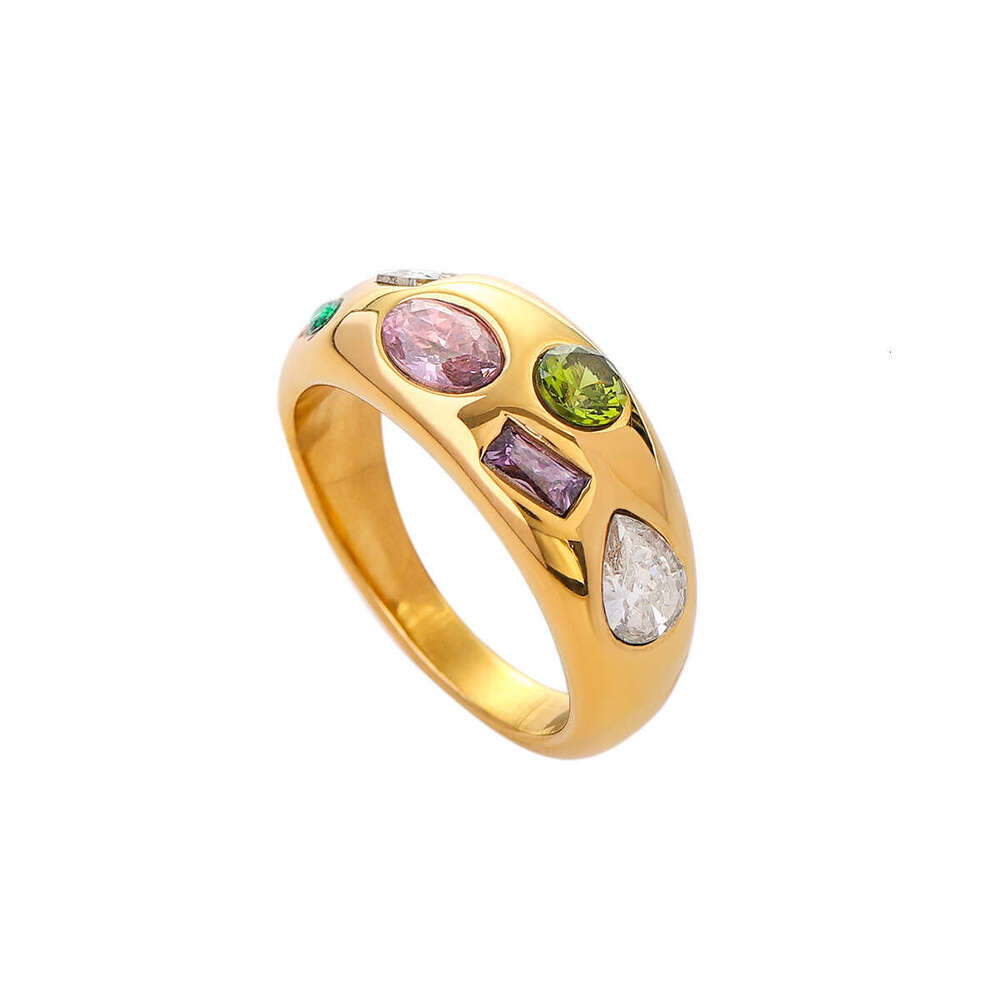 European and American INS Trendy 18K Gold Stainless Steel Inlaid Colorful Zircon Size 7 Cross-Border Wholesale New Ring