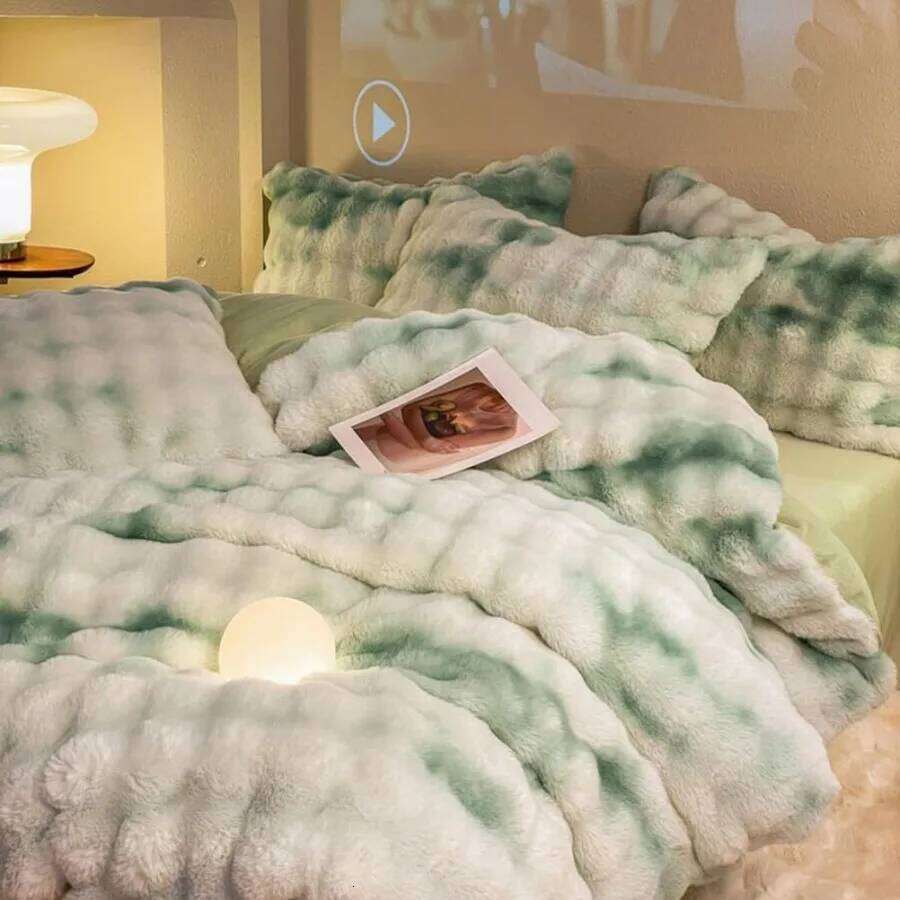 Queen Size Fluffy Plush Shaggy Bedding 4 Pieces Super Soft Reversible Duvet Cover Set with Bed Sheet and Pillow Cases Green W260302
