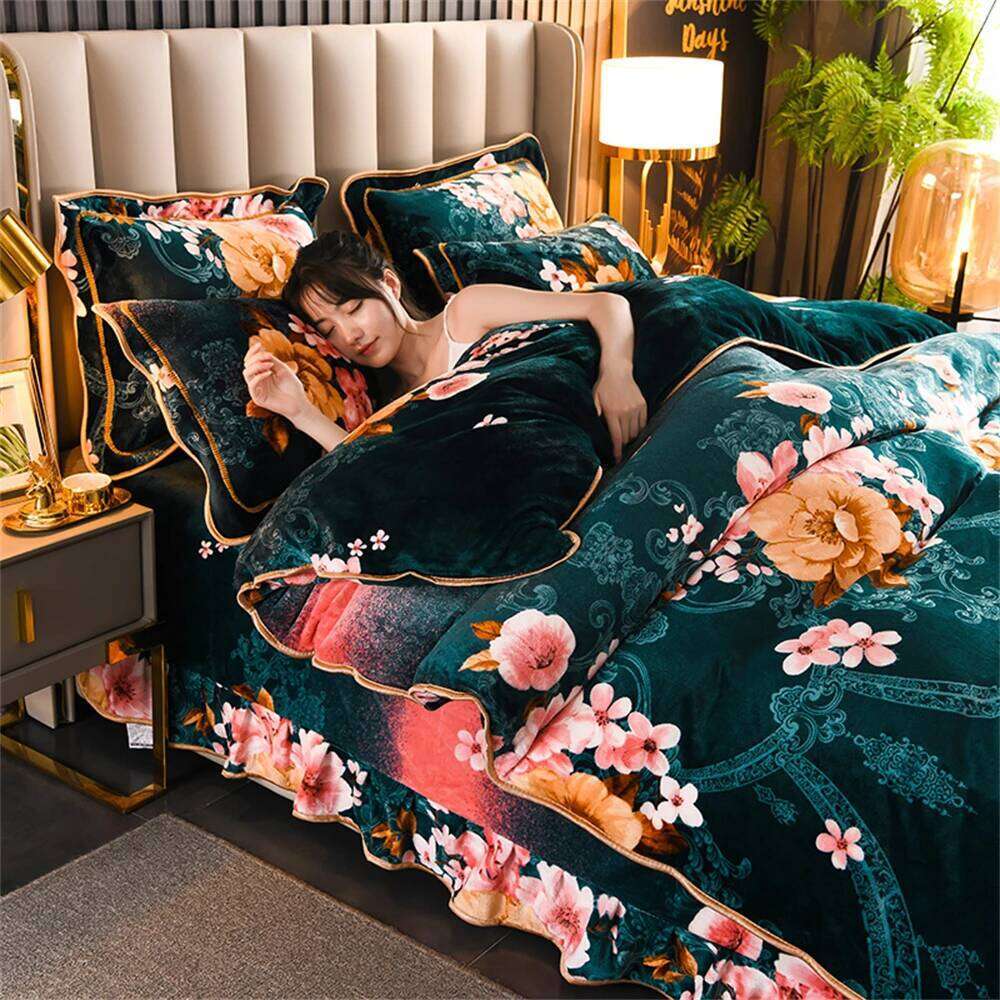 Winter Warm Coral Bedding Sets Home Double-Sided Thickened Flannel Four-Piece Set Quilt Cover Sheet Milk Velvet Bed Skirt W260302 W260302