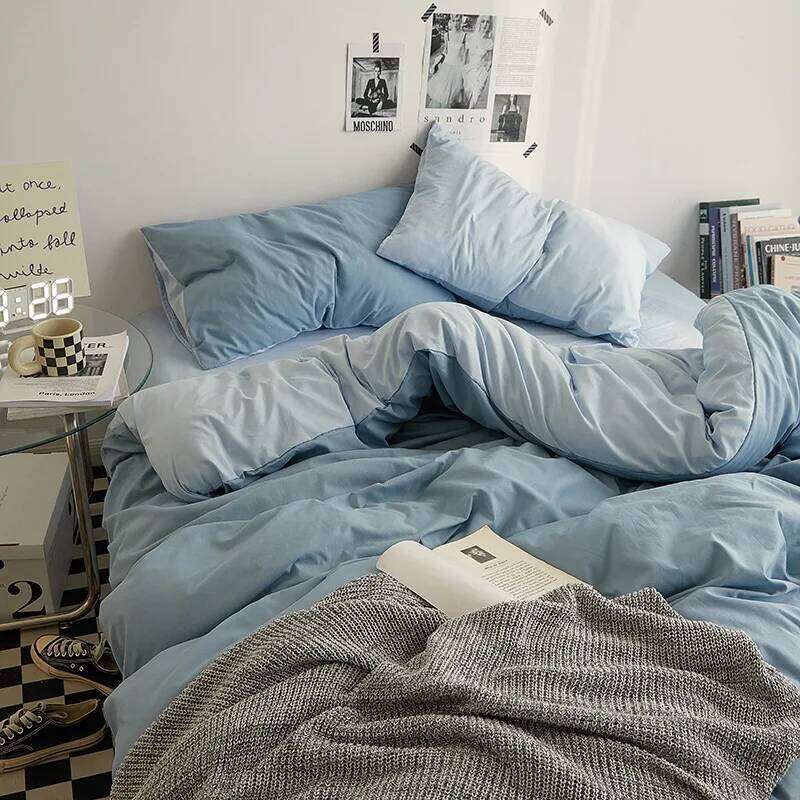 Class A Solid Color Fiber Four-piece Set Japanese Simple Washed Cotton Ins Wind Student Three-piece Quilt Cover W260302 W260302