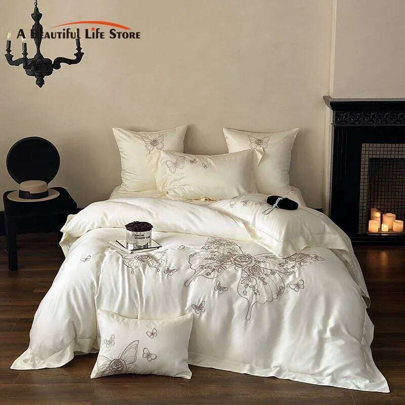 Bedding Set 800TC Lyocell Eucalyptus Fiber Soft Silky Breathable Butterfly Flowers Embroidery Duvet Cover Bed Sheet Pillowcases W260302