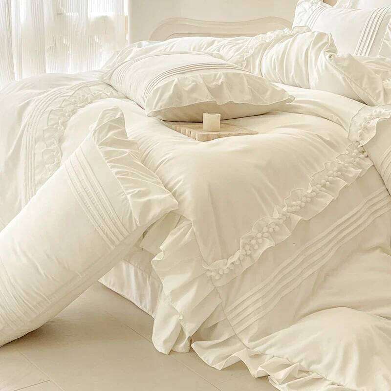For Korean Princess Style Lace Ruffles Bedding Solid Color Duvet Cover Set Flat/Fitted Bed Sheet Pillowcases With Pillowcase W260302