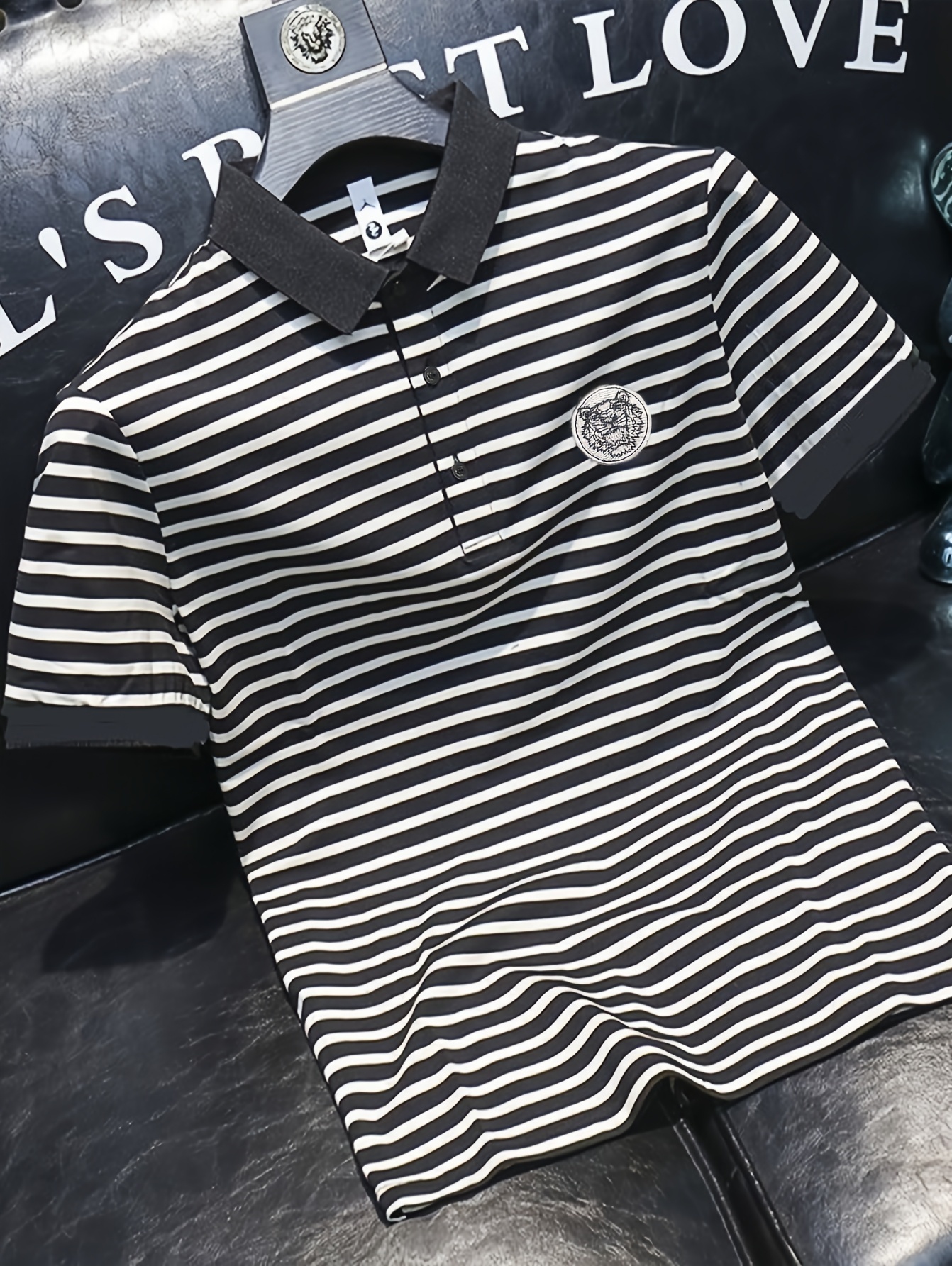 Luxury Brand Designer Clothes Embroidered Striped Short Sleeve Polo Shirt | Casual Skinny Fit Men's T-Shirt, Medium Stretch Fabric, No Belt, Anim