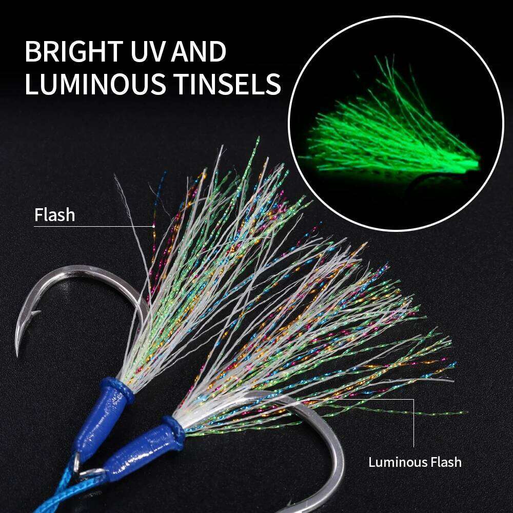 JIGGING PRO 1# 1/0 2/0 3/0 4/0 Luminous Twin Assist Hook Metal Jig Saltwater Fishing Tackle Jigging Hooks Z260228