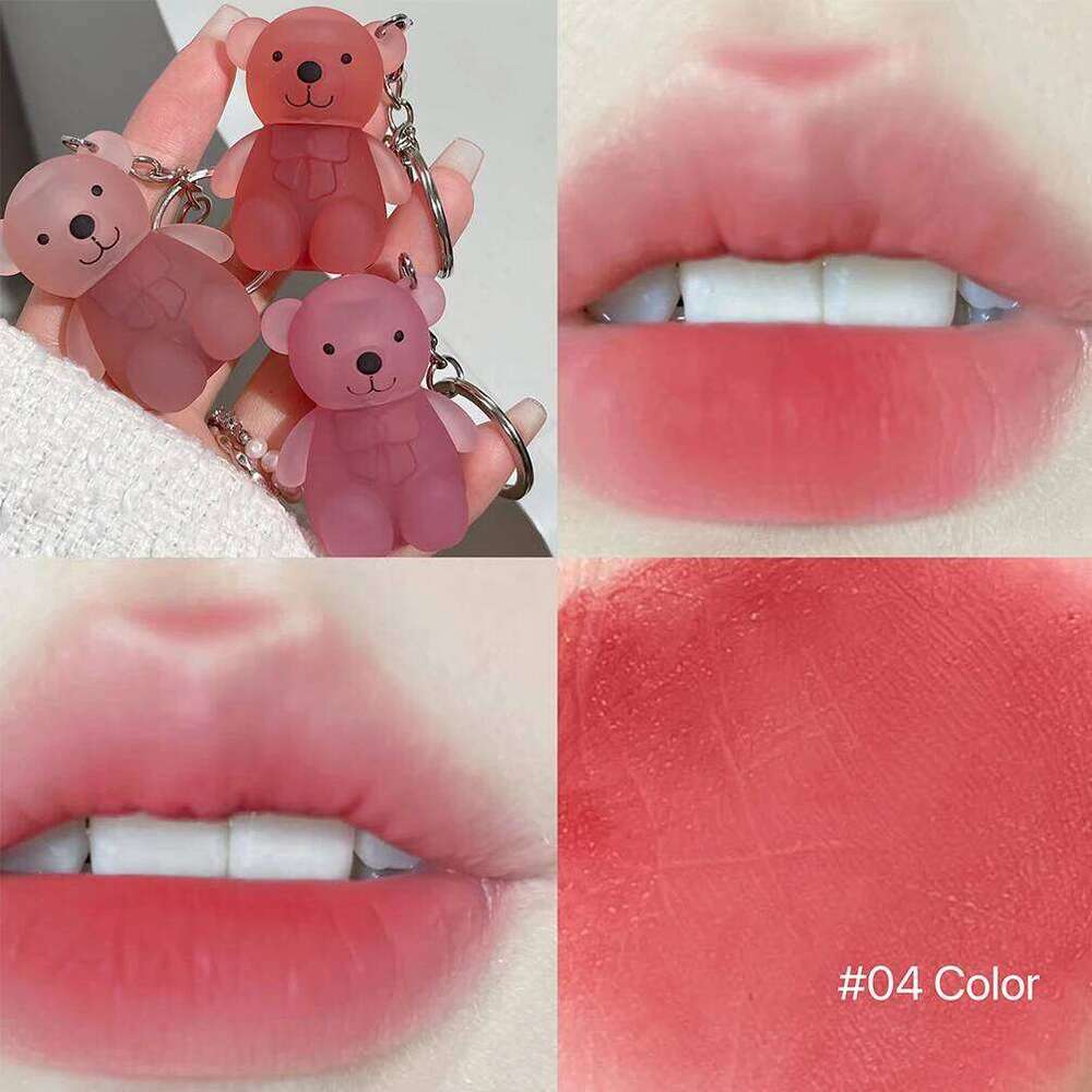 Cute Bear Velvet Mud Keychain Matte Nude Red Lip Gloss Autumn Winter Non-stick Cup Lipstick Waterproof Lasting Lips Makeup H260302