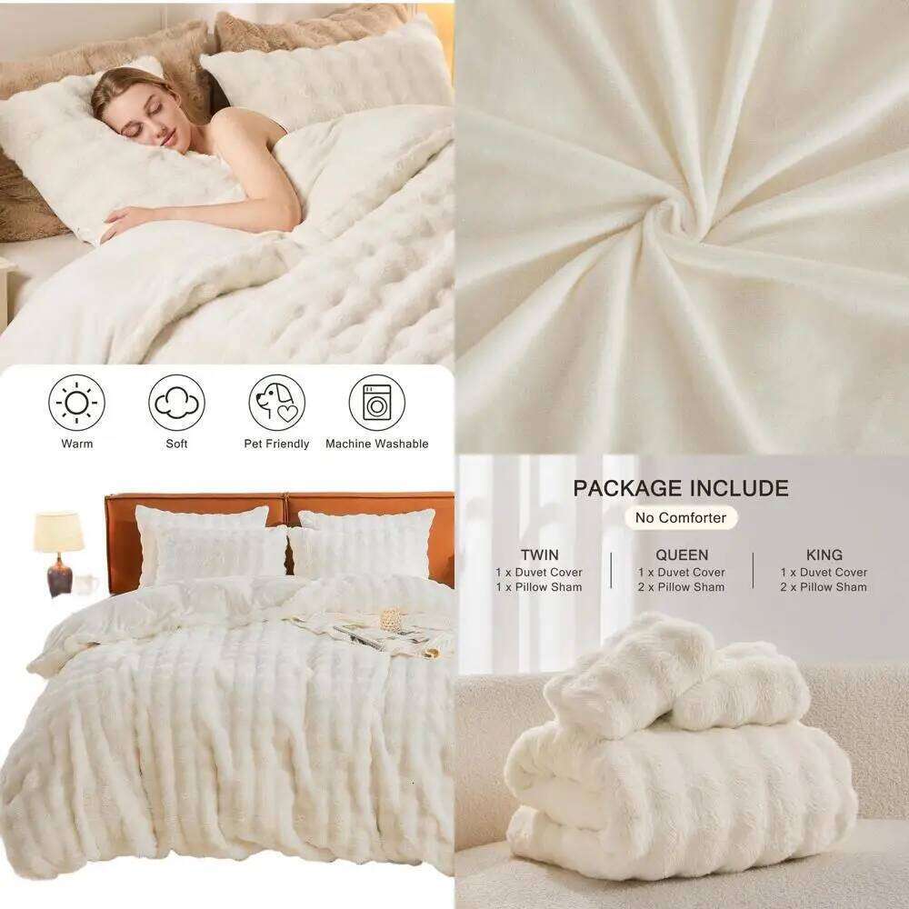 King Size Faux Fur Duvet Set - 3-Piece Fluffy Comforter Cover with Pillow Cases, Luxurious Shaggy Bubble Design for Cozy Winter W260302
